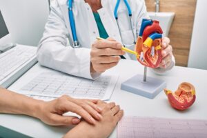 A doctor explains a procedure to a patient using a model of a heart