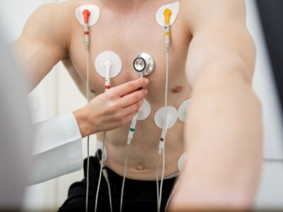 Close up of a man's chest with heart monitors attached before he undergoes a cardiac stress test